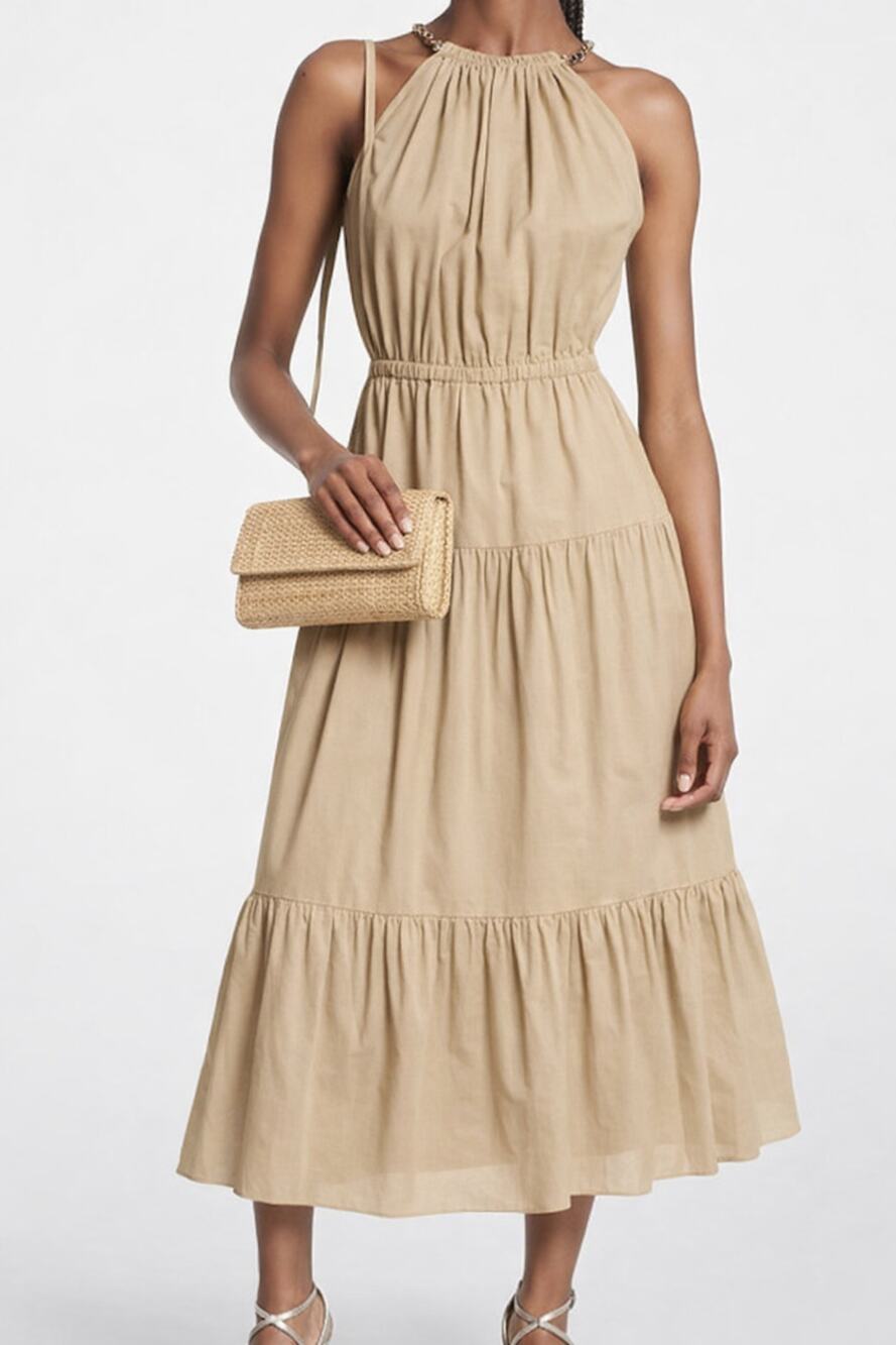 Michael Kors Khaki Gold Chain Halter Organic Stretch Cotton Midi Dress Tiered